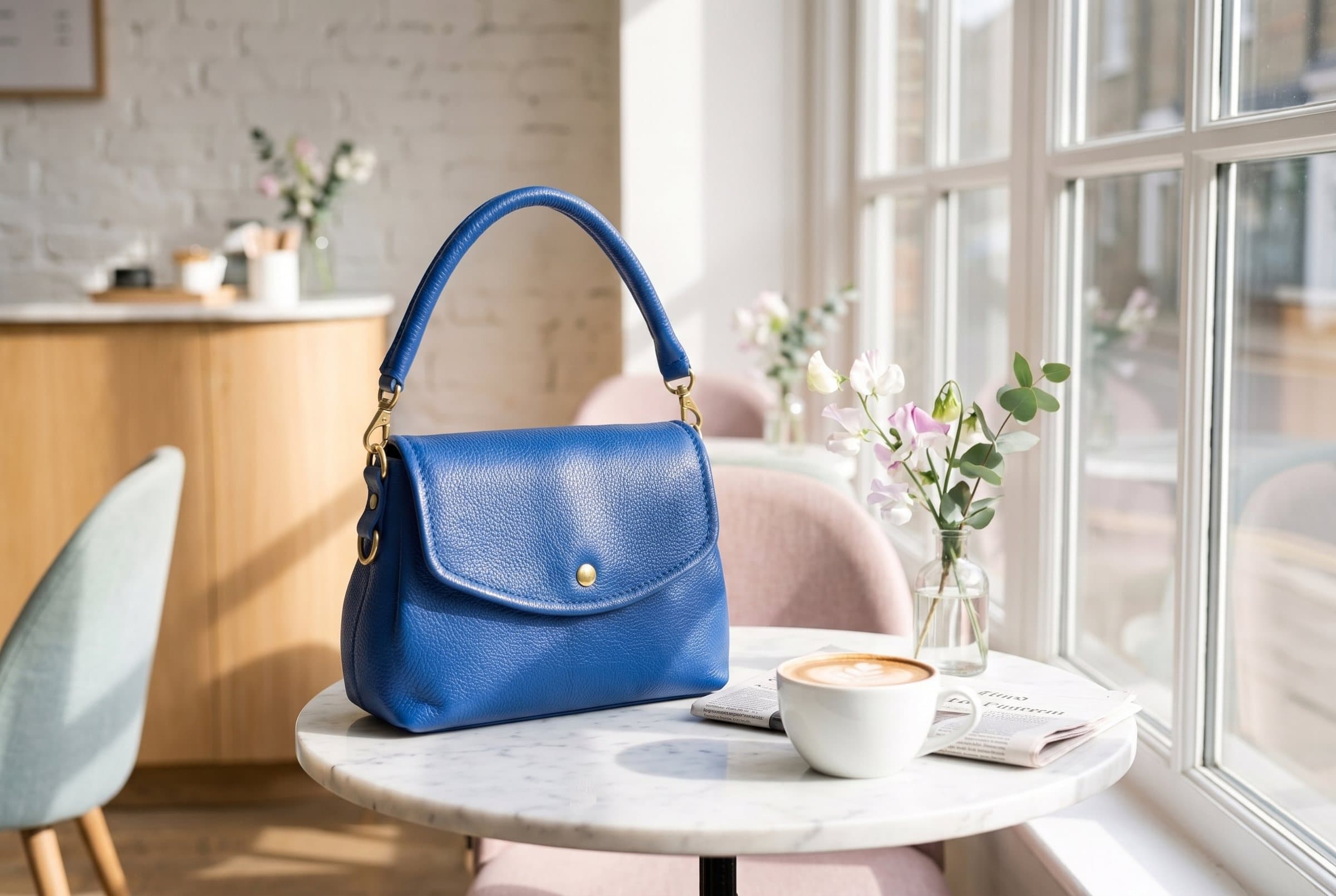 The Joyride in Electric Blue on a sunny cafe table beside a coffee