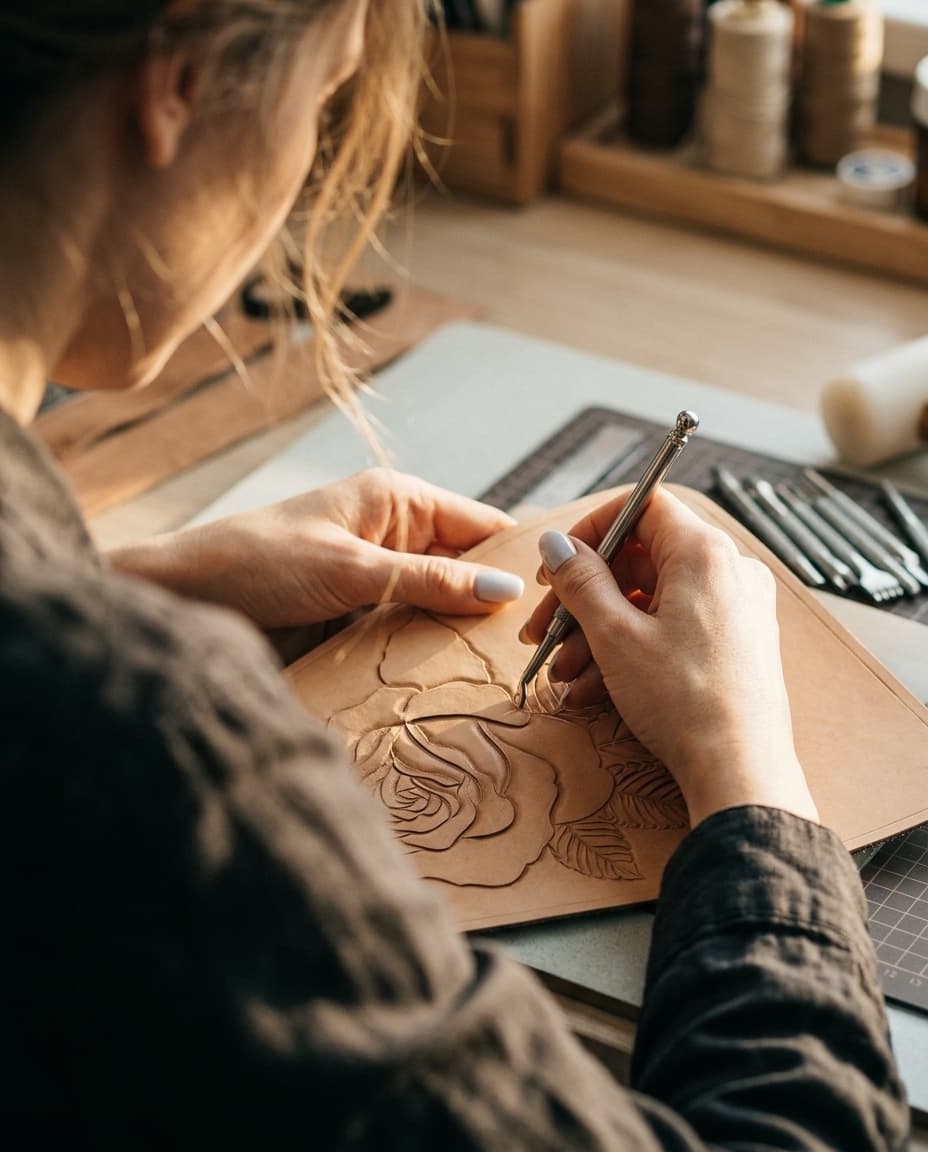 Crystal at her bench, cutting a tooled rose into a panel of vegetable-tanned leather
